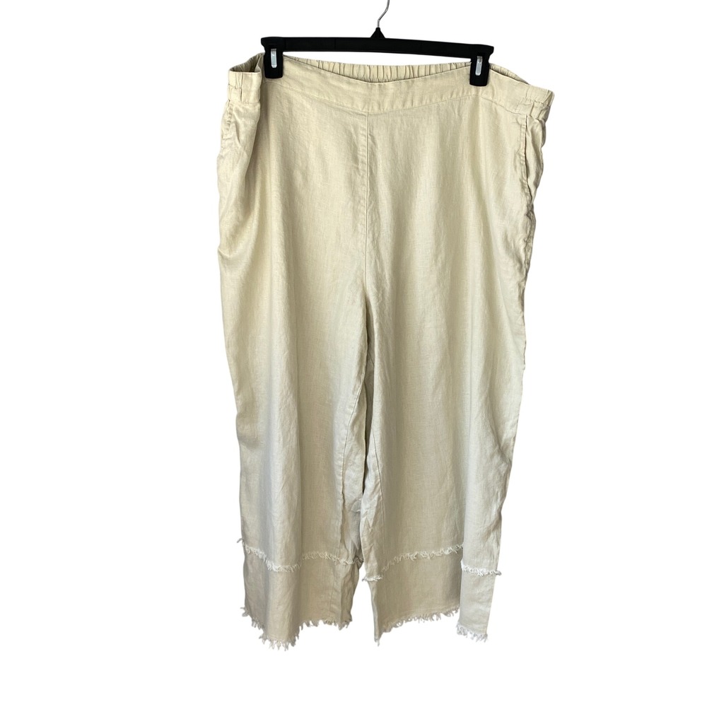 John Mark 3X Linen Wide Leg Crop Pants Oatmeal Beige Frayed Button Hem High Rise